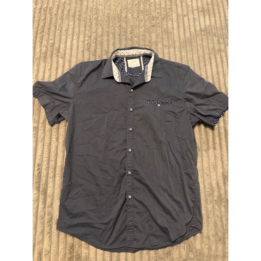 Craft + Flow Mens Medium Short Sleeve Button Down Shirt Navy Blue Geometric Trim